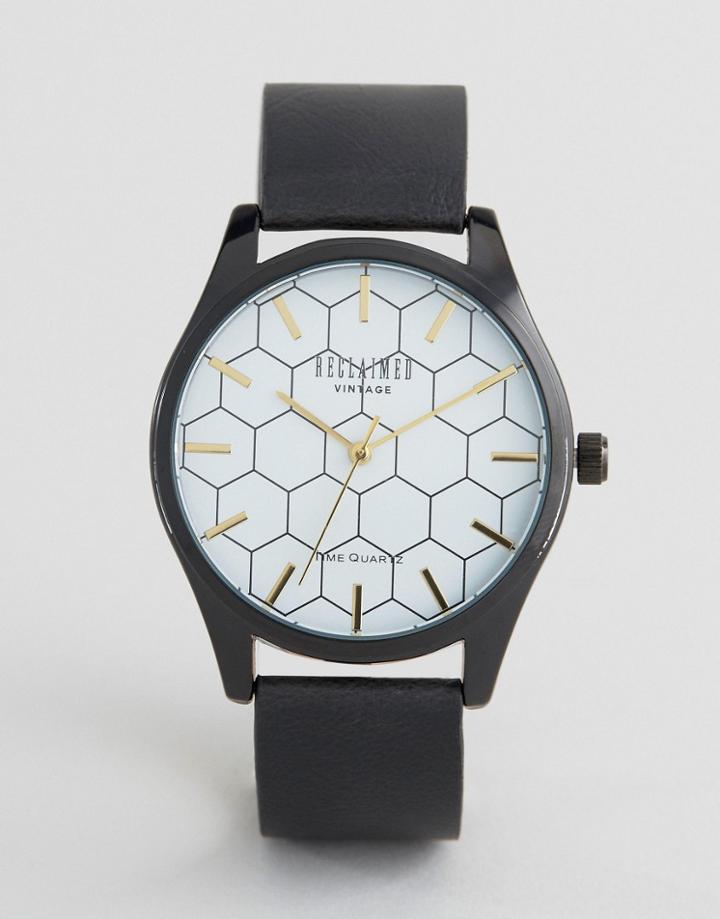 Reclaimed Vintage Hexagon Leather Watch In Black - Black