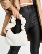 Asos Design Shoulder Bag In Cream Sherpa With Ruched Strap-white