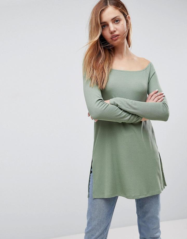 Asos Off Shoulder Top In Longline Slouchy Rib - Green