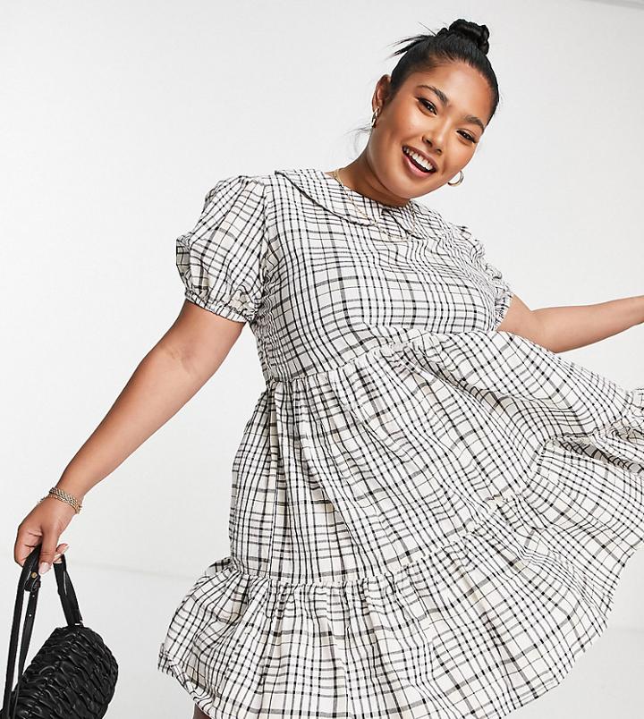 Cotton: On Curve Collar Tea Dress In Check-multi