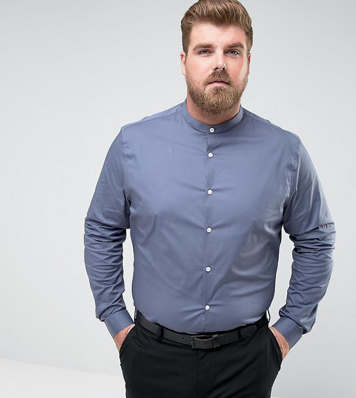 Asos Plus Skinny Shirt In Charcoal With Grandad Collar - Gray