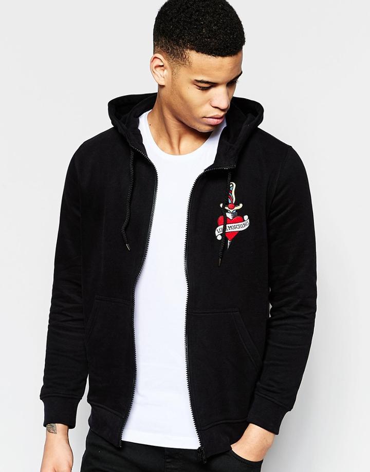 Love Moscino Zip Hoody Tattoo Embriodered Logo - Black