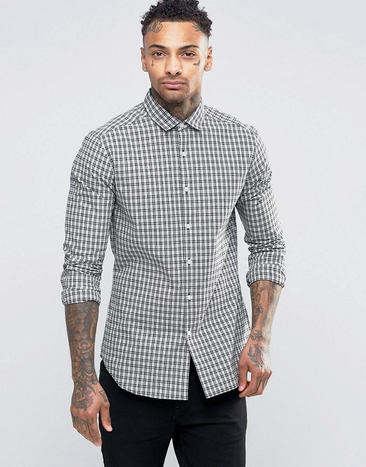 Asos Slim Shirt With Stretch In Monochrome Grid Check With Long Sleeves - White