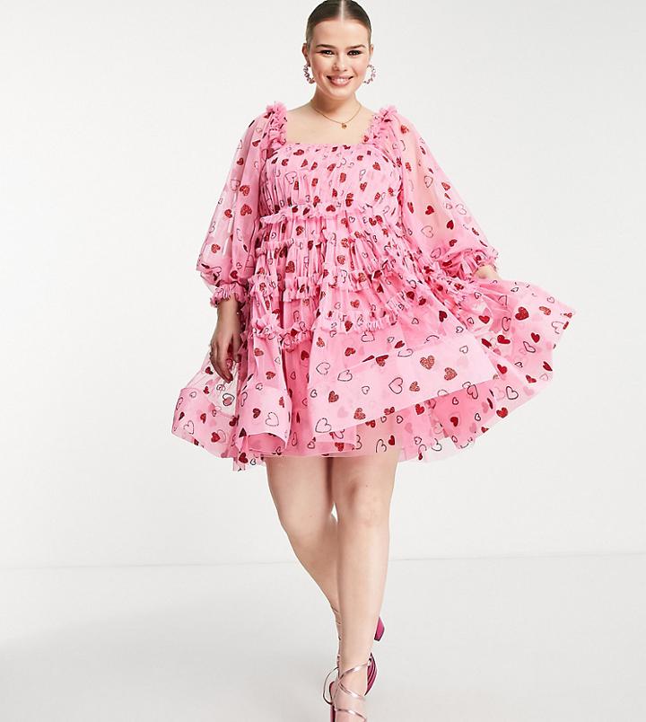 Lace & Beads Plus Exclusive Square Neck Tiered Mini Dress In Pink And Red Heart