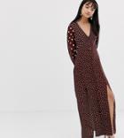 Miss Selfridge Petite Maxi Dress With Blouson Sleeve In Mixed Polka Dot - Brown