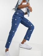 New Look Daisy Embroidered Mom Jeans In Blue-blues