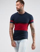 Asos Longline Muscle T-shirt With Color Block Panelling And Curve Hem In Navy - Navy