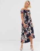 Parisian Off Shoulder Midi Dress In Floral Print - Multi