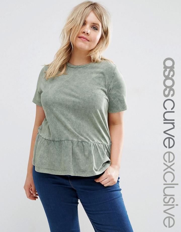 Asos Curve T-shirt With Ruffle Hem In Washed Khaki - Khaki