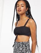 Lost Ink Crop Top With Floral Lace Trim And Tie Back Detail-black