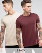 Asos 2 Pack T-shirt With Crew Neck In Beige/red - Multi