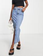 Asos Design Denim 90s Midi Skirt In Mid Wash Blue - Mblue
