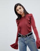 Fashion Union Sweater With Frill Sleeve And Ruffle Front - Red