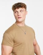 Pull & Bear Muscle Fit T-shirt In Beige-neutral