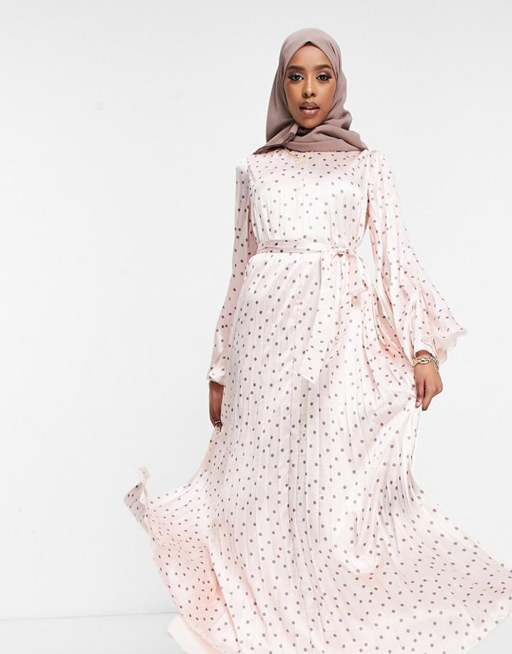 Asos Design Satin Pleated Trapeze Maxi Dress With Pleated Sleeves In Spot Print-multi