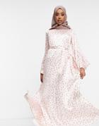 Asos Design Satin Pleated Trapeze Maxi Dress With Pleated Sleeves In Spot Print-multi