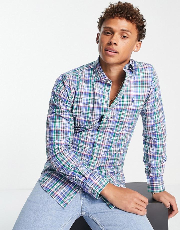 Polo Ralph Lauren Icon Logo Check Poplin Shirt Slim Fit Estate Collar In Blue/red