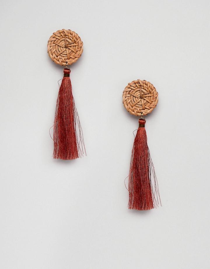 Mango Wicker Disc Tassel Earring In Rust - Red
