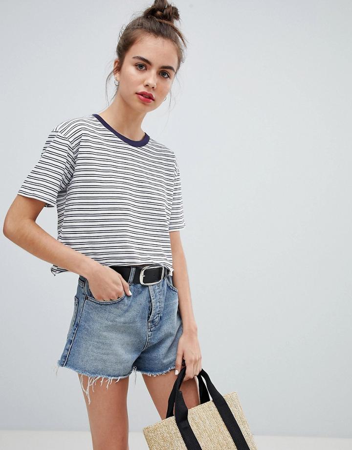 Pull & Bear Stripe Crop Tee - Navy