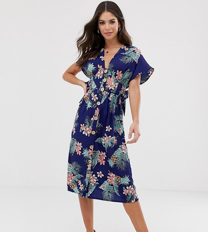 Influence Tall Button Through Midi Dress In Tropical Floral Print-orange