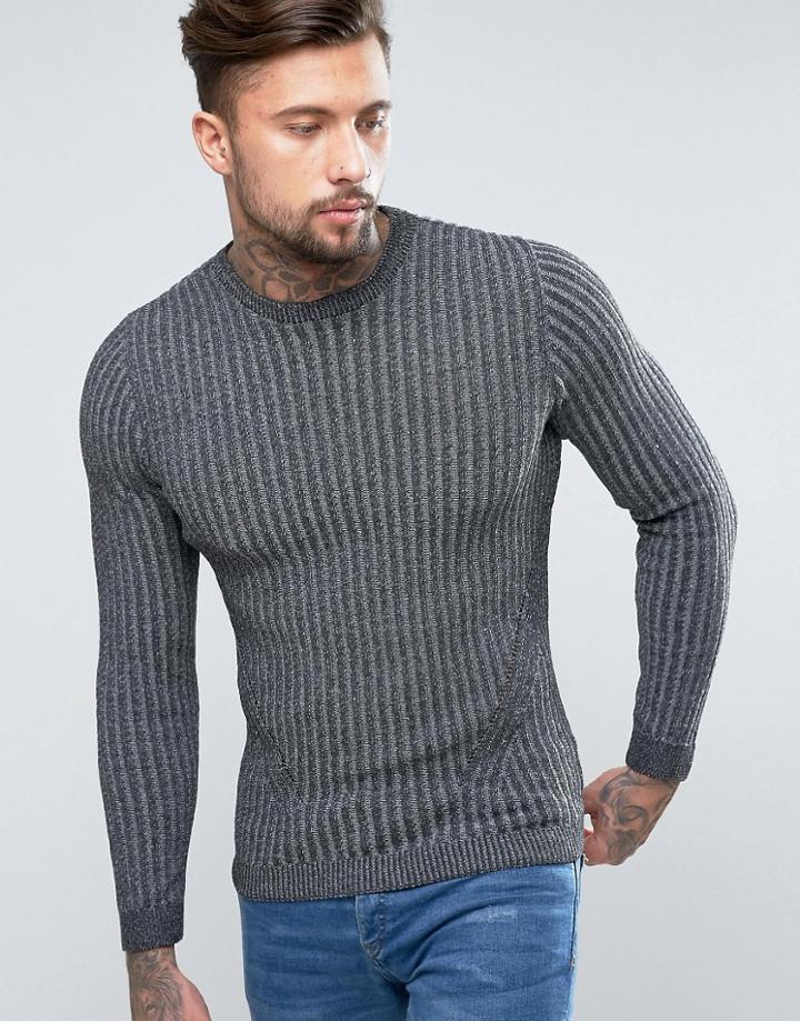 Asos Muscle Fit Ribbed Sweater In Gray - Gray