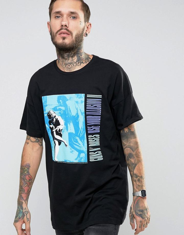 Asos Longline T-shirt With Guns N Roses Print - Black