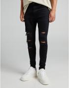 Bershka Super Skinny Jeans With Rips And Frayed Hem In Black