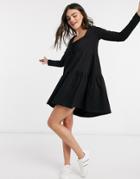 Asos Design Mini Tiered Smock Dress With Square Neck And Tiered Hem In Black