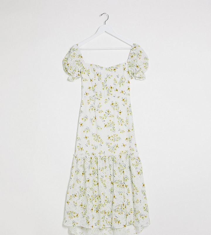 Dark Pink Puff Sleeve Button Up Broderie Midi Dress In White Based Ditsy Floral Print-multi