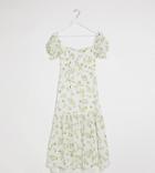 Dark Pink Puff Sleeve Button Up Broderie Midi Dress In White Based Ditsy Floral Print-multi