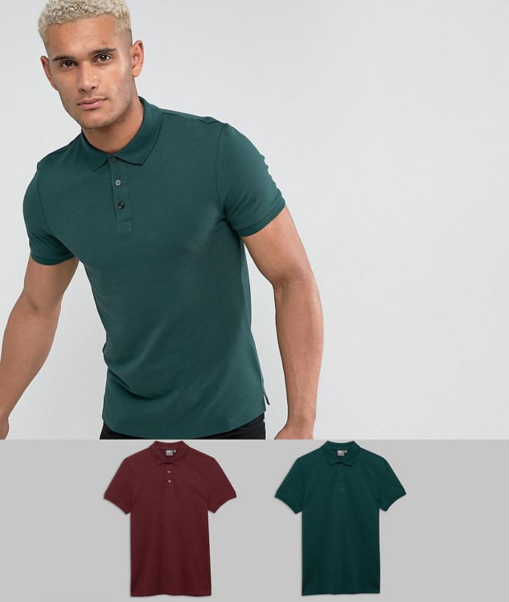 Asos Design Muscle Fit Polo In Pique 2 Pack Multipack Saving - Multi