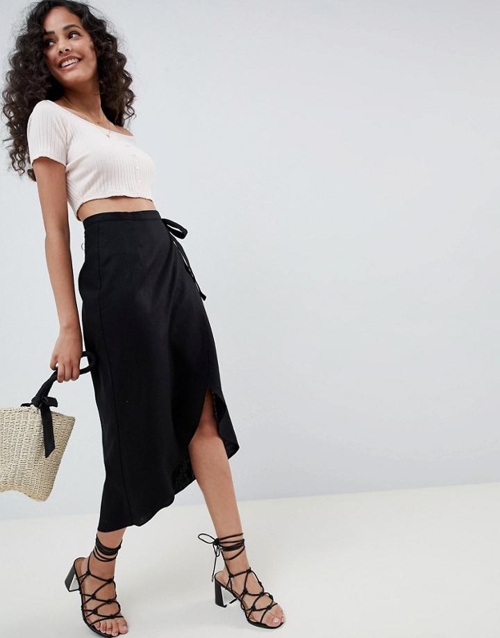 Asos Design Wrap Midi Skirt With Tie - Black
