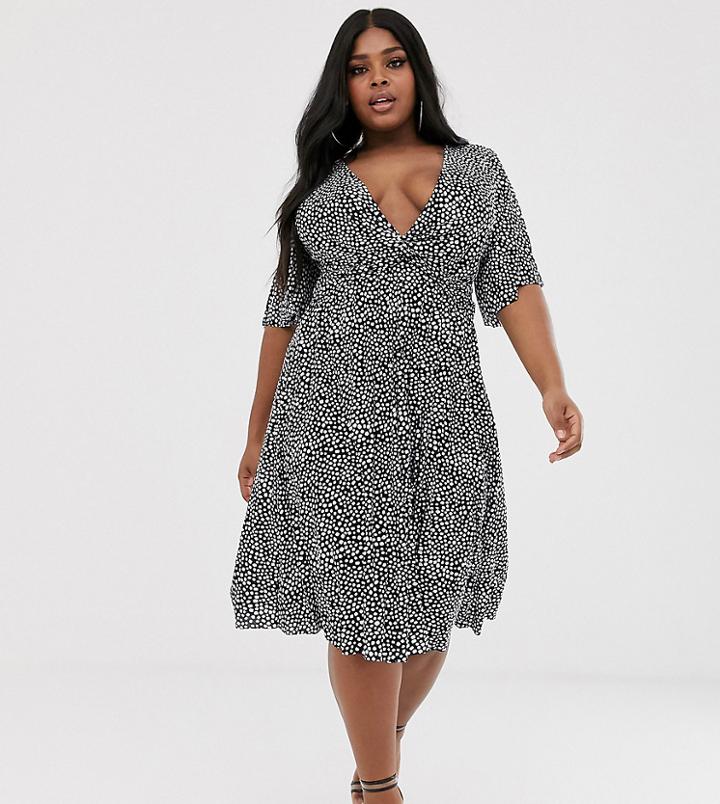 Asos Design Curve Twist Detail Pleated Kimono Midi Dress In Polka Dot-multi