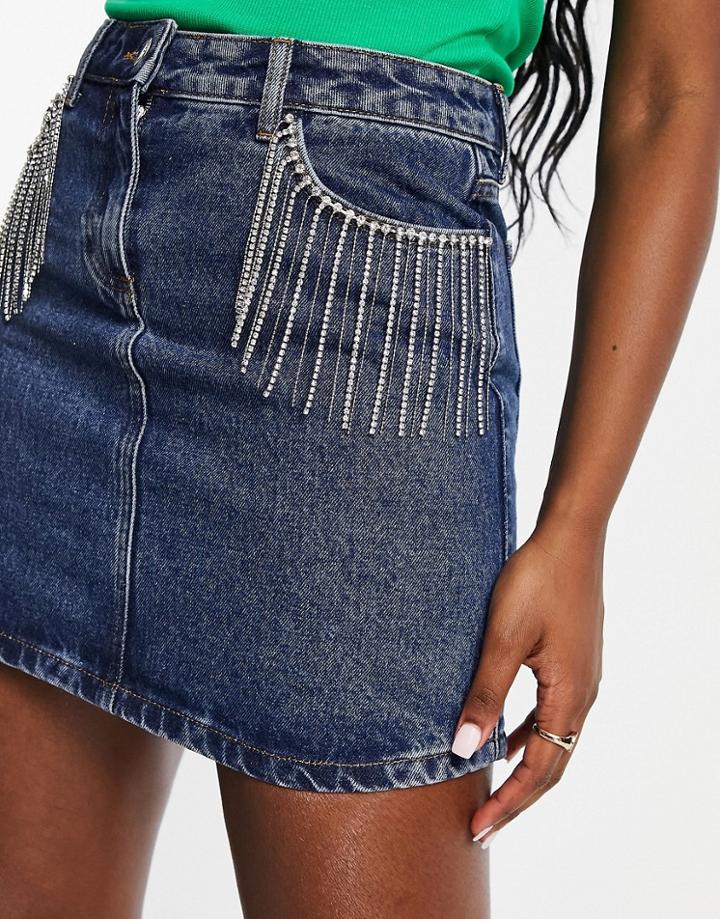 Miss Selfridge Diamante Fringe Micro Mini Skirt In Dark Wash Blue