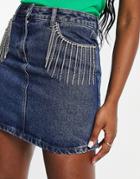 Miss Selfridge Diamante Fringe Micro Mini Skirt In Dark Wash Blue