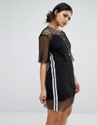 Bones Oversized T-shirt Dress In Large Fishnet With Sports Trim - Black