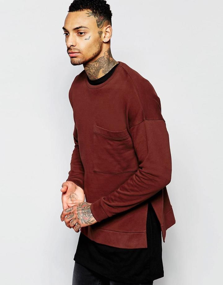 Asos Oversized Sweatshirt With Oversized Chest Pocket - Chestnut