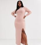 Club L London Plus High Neck Long Sleeve Maxi Dress With High Thigh Split In Pink
