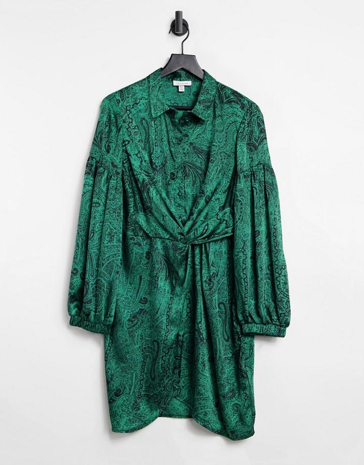 Topshop Wrap Shirt Dress In Green Paisley Print
