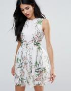 Zibi London Leaf & Floral Print Skater Dress - Pink