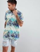 Asos Design Oversized Hawaiian Palm Tree Printed Shirt With Revere Collar - Blue