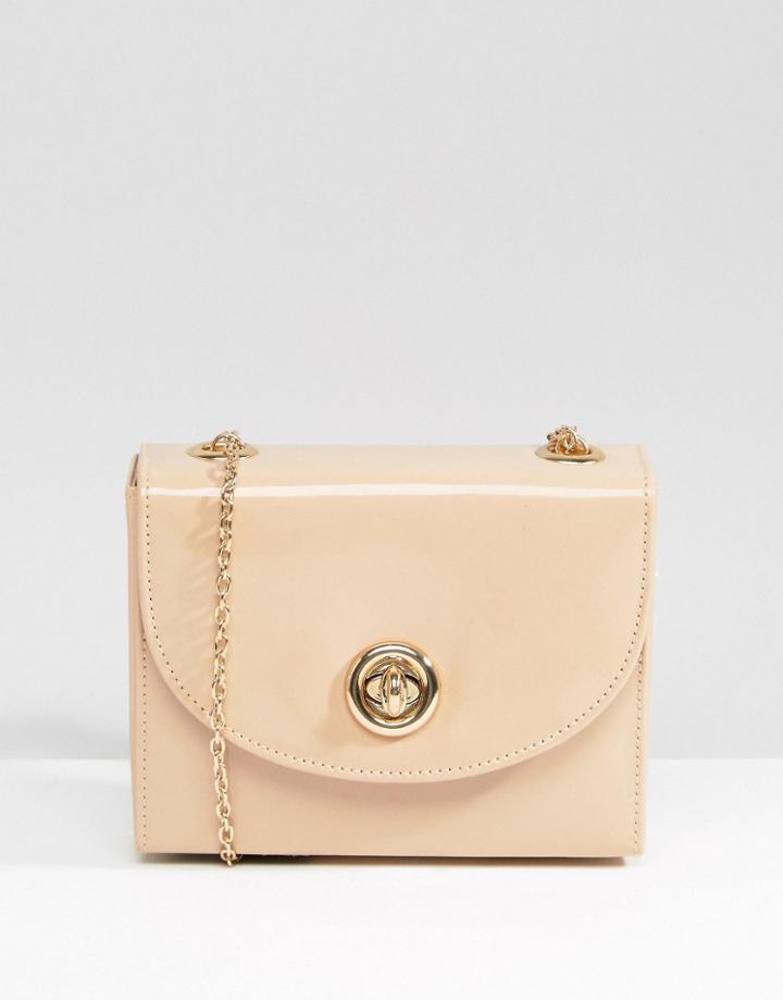 New Look Patent Box Chain Cross Body Bag - Beige