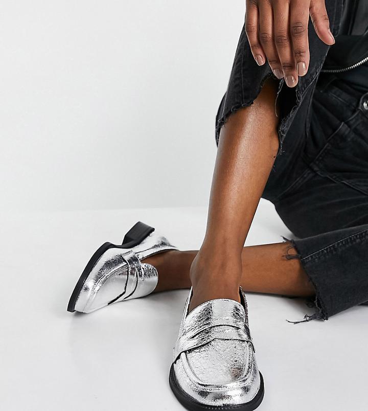 Asos Design Wide Fit Mensy Loafers In Silver