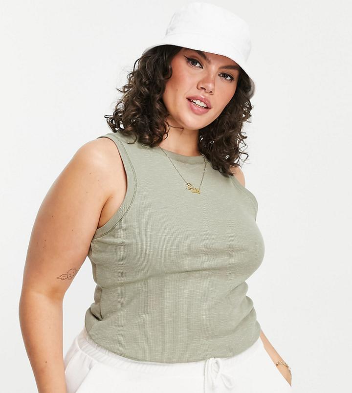 Asos Design Curve Oversized Tank In Textured Fabric In Khaki-white