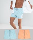Asos Swim Shorts In Blue & Coral With Stripe Drawcords Short Length 2 Pack Save - Multi