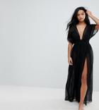 Asos Petite Shirred Waist Maxi Chiffon Beach Caftan - Black