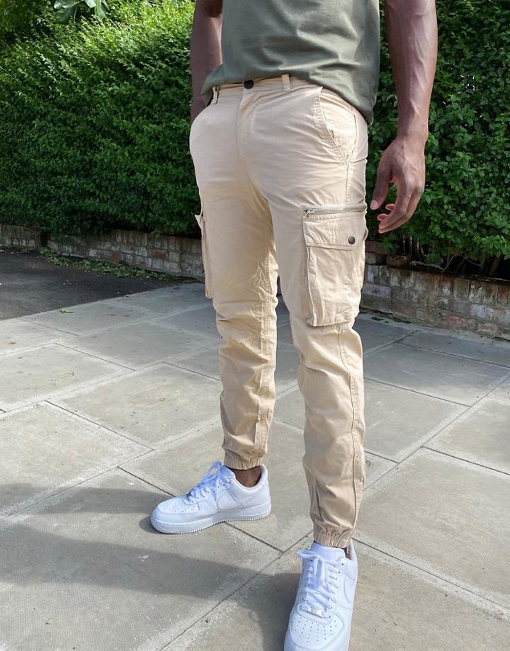 River Island Tapered Cargo Pants In Stone-neutral