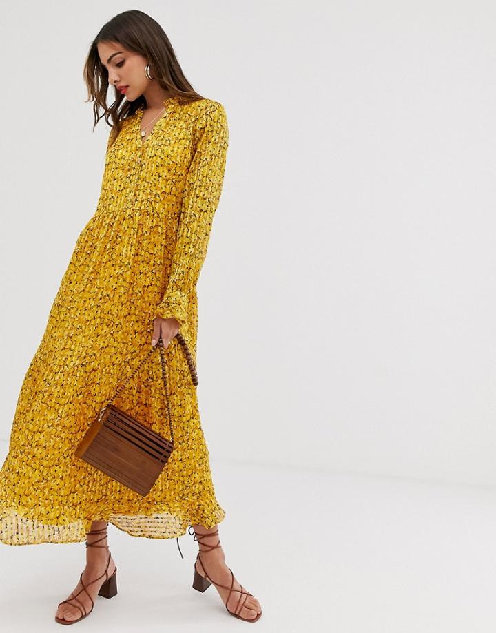 Y.a.s Floral Midi Dress With Jacquard Stripe - Multi
