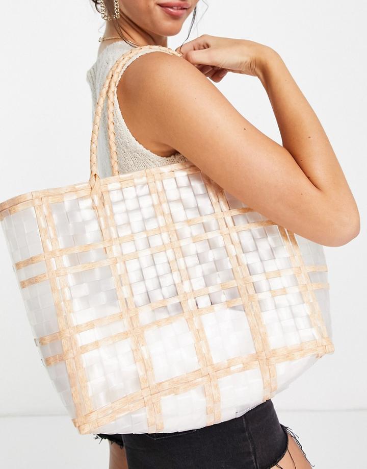 Truffle Collection Wicker Woven Oversized Tote In Clear, Cream And Tan-white
