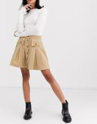Asos Design Denim Pleated Button Through Mini Skirt In Camel-brown